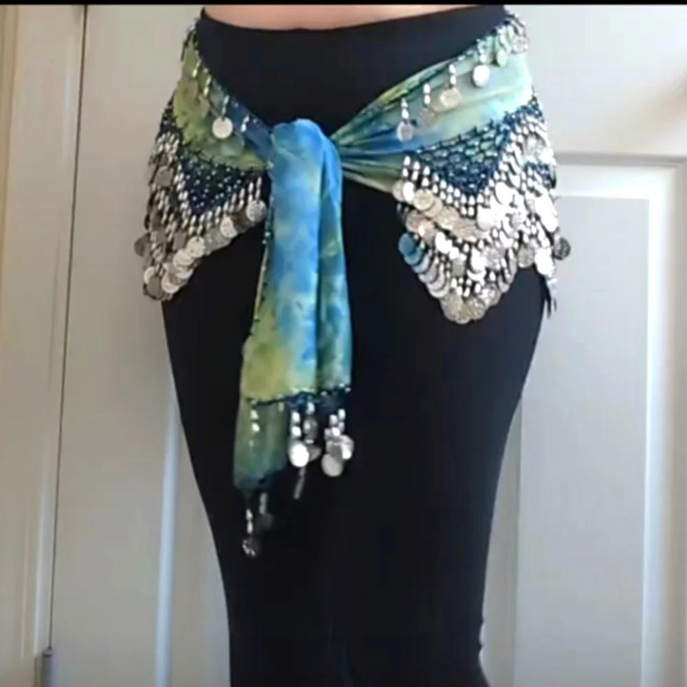 Blue and Green Belly Dance Hip Scarf with Silver Accents - Picture 4 of 5